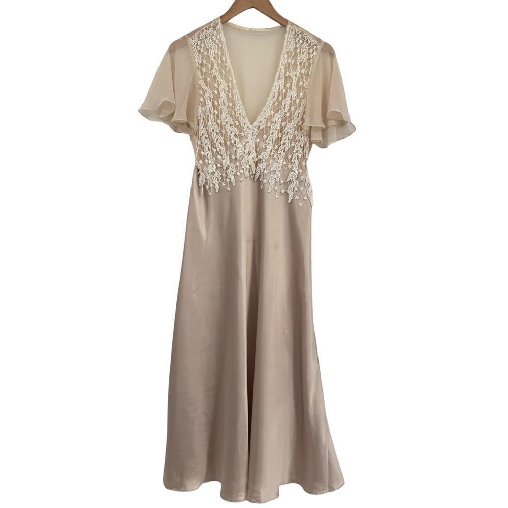 Vintage Laundry by Shelli Segal Y2K Cream Satin & Lace Flutter Sleeve Dress M/L